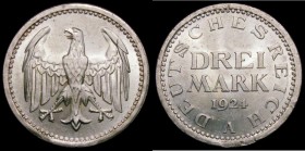 Germany - Weimar Republic 3 Marks 1924A KM#43 the coin slightly off-centre in striking, thus causing the edge slightly to be slightly misaligned and s...