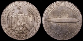 Germany - Weimar Republic 5 Marks 1930A Graf Zeppelin flight KM#68 UNC and lightly toned with an edge nick