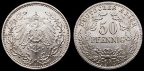 Germany 50 Pfennigs 1903A KM#15 UNC and lustrous with some scratches in the fields, nevertheless a scarce and short series with only three years, all ...