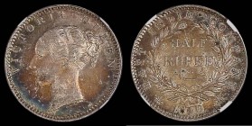 India Half Rupee 1840 Bombay, Legend continuous over bust, No initials on truncation, Stop after date, KM#455.1 UNC with superb multi-coloured toning,...