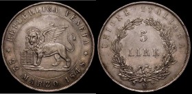 Italian States - Venice 5 Lire 1848V, 22 Marzo 1848 legend, correct spelling of BENEDITE on edge KM#804, GVF with a small edge nick, Rare with mintage...