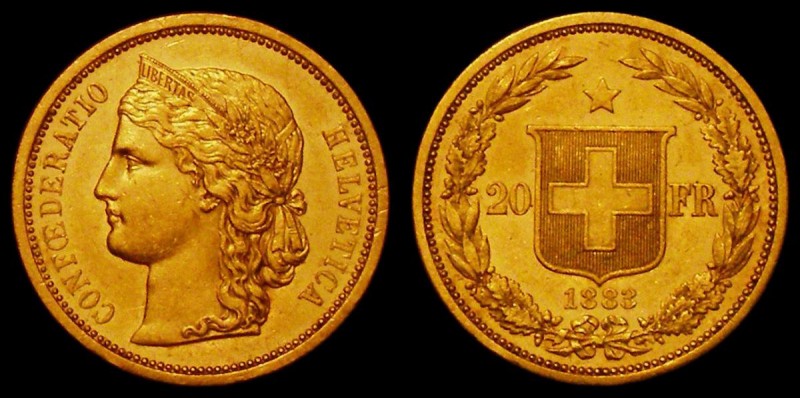 Switzerland 20 Francs 1883 reeded edge KM31.1 one year type GEF