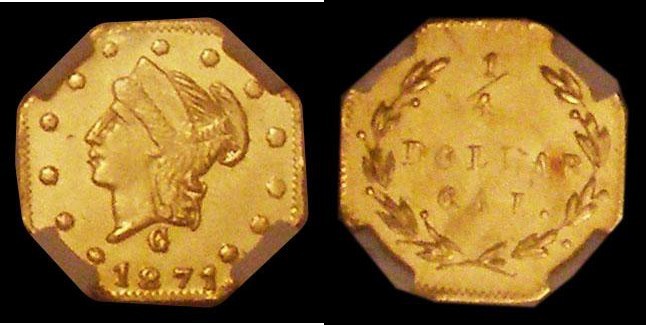 USA California Gold Quarter Dollar 1871 Octagonal, Obverse: Bust with 13 stars a...