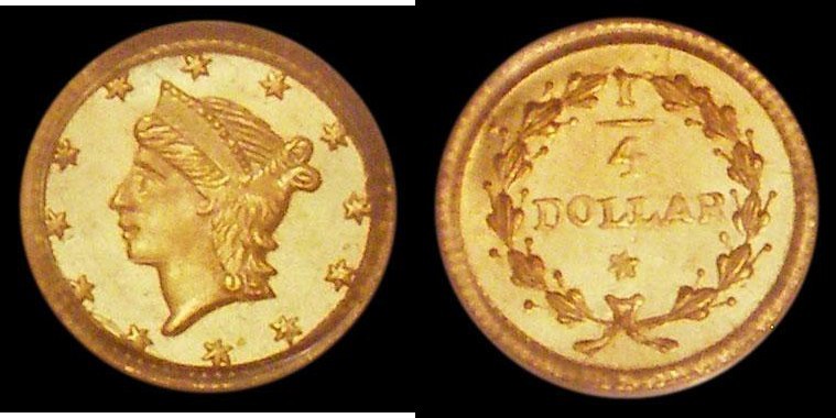 USA Gold Quarter Dollar California Gold issue, undated (c.1853) Period 1. A.L.No...