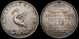 Election Medal 1816 Thomas Leyland 39mm diameter in silver by T.Halliday, named to T.J.Oates, Obverse: A Liverbird on seashore, withy boats at sea in ...