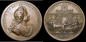 George I Entry into London 1714 47mm diameter in copper by J.Croker Eimer 467 Obverse Bust Right Laureate, Armoured and draped, GEORGIVS .D.G. MAG.BRI...