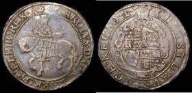Halfcrown Charles I Group III, Third horseman, Type 3b Reverse with Plume above shield, four pellets before CAROLUS S.2774 mintmark Crown/Crown over B...