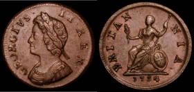 Farthing 1734 Peck 861 UNC the obverse sharply struck with an even brown tone, the reverse with a weak strike on Britannia's head as often, with a tra...