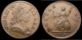 Farthing 1773 Obverse 1, Peck 911 EF with a small nick in the reverse field