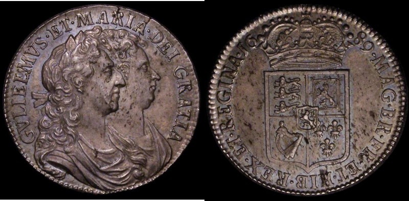 Halfcrown 1689 First Shields, Caul and Interior frosted, with pearls, Second L o...