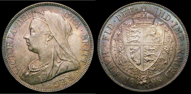 Halfcrown 1898 ESC 732, Bull 2784 UNC with multi-coloured toning