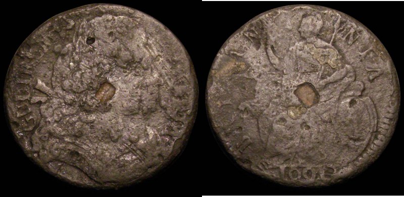 Halfpenny 1690 Tin, Date in Exergue, edge type unclear, VG for issue, rare