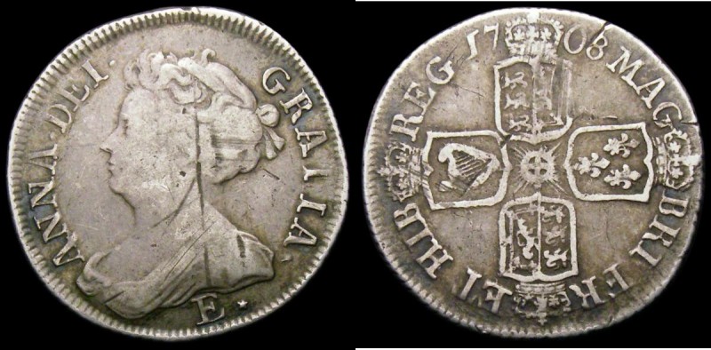 Shilling 1708 E* No Stops on reverse, unrecorded by Bull, VG/About Fine with som...