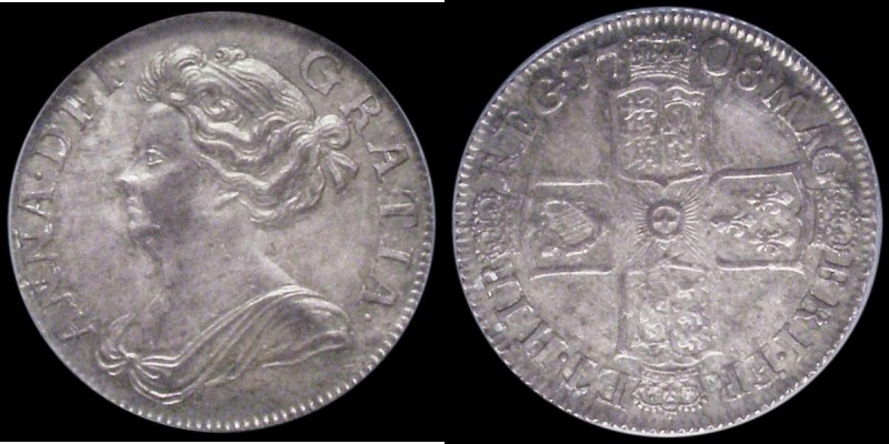 Shilling 1708 Third Bust ESC 1147, Bull 1399, Third Bust, Plain below, Plain in ...