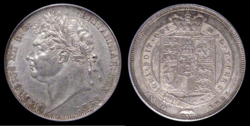 Shilling 1825 Laureate Head, Shield in Garter Reverse ESC 1253, Bull 2402 EF sla...