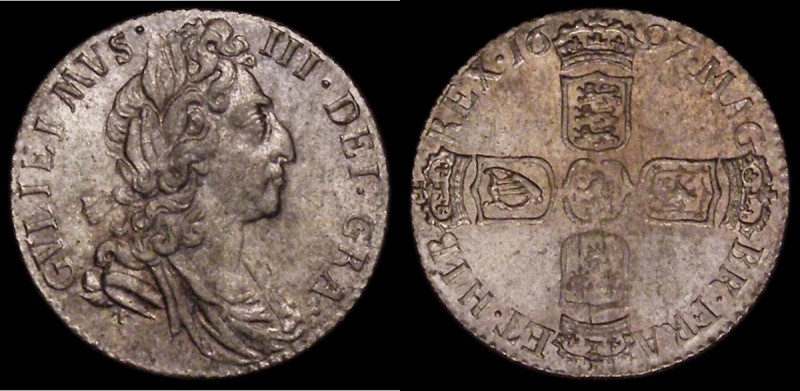 Sixpence 1697 Third Bust Large Crowns GVLIEIMVS error ESC 1566C, Bull 1237 A/UNC...