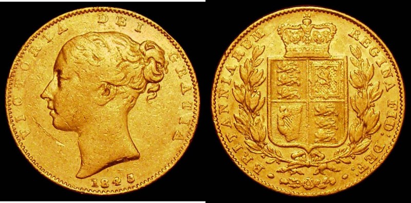 Sovereign 1843 3 over inverted 2 in date, 4 in date points between two rim teeth...