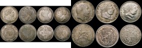 Halfcrowns to Sixpences a small group (7) Halfcrowns (2) 1816 VF, 1823 Second Reverse Fine, Florin 1856 VG, Shillings (3) 1816 VF/GVF, 1824 Fine, 1906...