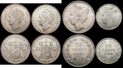 Netherlands (4) 2 1/2 Gulden (2) 1938 KM#165 GVF/NEF, 1938 Deep Hair Lines KM#165 GVF, 25 Cents 1904 KM# UNC or near so and lustrous, 10 Cents 1903 KM...