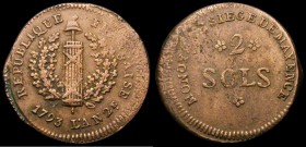 German States - Mainz under French occupation 2 Sols 1793 KM602 VF with some surface porosity
