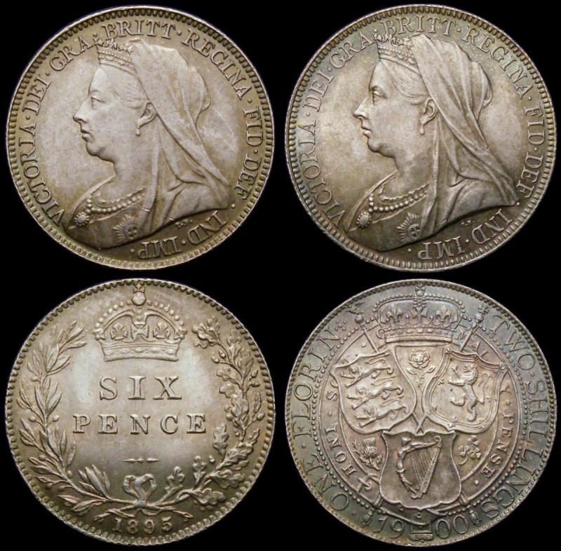 Florin 1900 ESC 884, Bull 2971 A/UNC and attractively toned, Sixpence 1895 ESC 1...