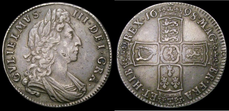 Halfcrown 1698 DECIMO ESC 554, Bull 1034 About VF/VF the obverse with some thin ...