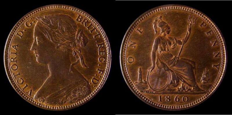 Penny 1860 Toothed Border Freeman 10 dies 2+D Choice UNC toned, the reverse with...