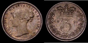 Threepence 1877 ESC 2083, Bull 3421, UNC or near so and attractively toned with minor cabinet friction and small rim nicks