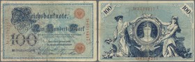Deutschland - Deutsches Reich bis 1945. 100 Mark 1908, zeitgenössische Fälschung, vergleiche Ro.33, stark gebrauchte Erhaltung mit mittigem Riss über ...