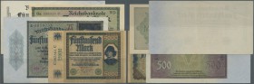 Deutschland - Deutsches Reich bis 1945. Kleines Lot mit 4 Banknoten 2 x 500, 1000 und 5000 Mark 1922, Ro.70, 72, 75k, 76 in gebrauchter Erhaltung: F/F...