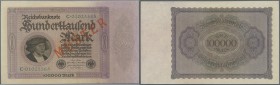 Deutschland - Deutsches Reich bis 1945. 100.000 Mark 1923 mit nachträglichem Überdruck ”Muster” und regulärer Seriennummer, Ro.82M, leicht vergilbtes ...