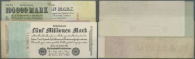 Deutschland - Deutsches Reich bis 1945. Kleines Lot mit 4 Banknoten 100.000, 1, 5 und 50 Millionen Mark 1923, Ro.91a, 92b, 94, 97c in unterschiedliche...