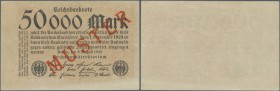 Deutschland - Deutsches Reich bis 1945. 50.000 Millionen Mark 1923 mit nachträglichem Überdruck ”Muster”, Ro.98M, vergilbtes Papier, leichter senkrech...