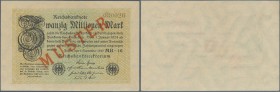 Deutschland - Deutsches Reich bis 1945. 20 Millionen Mark 1923 mit nachträglichem roten Überdruck ”Muster” und regulärer Seriennummer, Ro.107M, leicht...