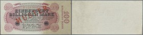 Deutschland - Deutsches Reich bis 1945. 100 Billionen Mark 1923, Ro.125M mit rotem Aufdruck MUSTER und regulärer Seriennummer in sehr schöner, leicht ...