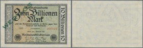Deutschland - Deutsches Reich bis 1945. 10 Billionen Mark 1923 MUSTER mit Serie 000000 und Überdruck Wertlos, Ro.129M in exzellenter Erhaltung mit ein...