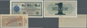 Deutschland - Deutsches Reich bis 1945. 100 Milliarden Mark 1923 mit nachträglichem roten Überdruck ”Muster” Ro.130M und eine Fantasienote zu 1 Billio...