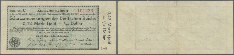 Deutschland - Deutsches Reich bis 1945. 0,42 Mark Gold = 1/10 Dollar 1923, Ro.13...