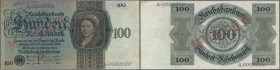 Deutschland - Deutsches Reich bis 1945. 100 Reichsmark 1924 mit rotem Überdruck ”MUSTER” und Seriennummer A0000000, blaue Farbreste am oberen rand und...
