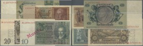 Deutschland - Deutsches Reich bis 1945. Kleines Lot mit 4 Banknoten, dabei 10 Reichsmark 1929 mit Überdruck ”MUSTER” und laufender Serie in gebrauchte...