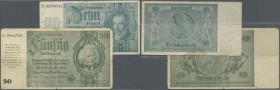 Deutschland - Deutsches Reich bis 1945. 10 und 50 Reichsmark der Notausgaben 1945 ”Schörner-Scheine”, Ro.180, 181 in stark gebrauchter Erhaltung mit e...