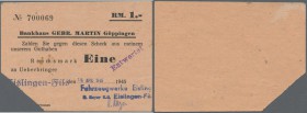 Deutschland - Alliierte Miltärbehörde + Ausgaben 1945-1948. Eislingen / Fils, Fahrzeugwerke Eislingen R. Rayer K.G., 1 Reichsmark, 19.4.1945 (Datum ge...