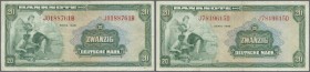 Deutschland - Bank Deutscher Länder + Bundesrepublik Deutschland. Lot 4 Scheine: 2x 20 DM 1948, Ro.240, und 2x ½ Mark 1948, alle in gebrauchter Erhalt...
