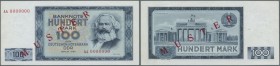 Deutschland - DDR. 100 Mark 1964 mit rotem Überdruck ”MUSTER” und Serie AA0000000, Ro.358M1, leicht welliges Papier mit kleineren Flecken, leicht best...