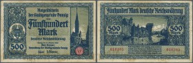Deutschland - Nebengebiete Deutsches Reich. Danzig: 500 Mark 1922, Ro.793, stärker gebraucht, geklebte Einrisse am linken Rand, Kleberspuren auf der V...