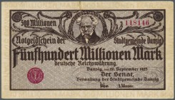 Deutschland - Nebengebiete Deutsches Reich. Danzig: 500 Millionen Mark 1923, Ro.807b, hübsche Gebrauchserhaltung mit geklebtem Einriss am oberen Rand....
