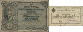 Deutschland - Kolonien. 50 Rupien 1905 mit 4-stelliger Seriennummer, Ro.902a, stärker gebraucht ohne Einrisse, runde Ecken, 2 Brandlöcher. Erhaltung: ...