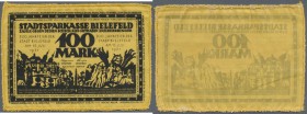 Deutschland - Notgeld besonderer Art. Bielefeld, 100 Mark, 15.7.1921, gelbe Seide, Umschrift ”Französischer Vertragsbruch ...”, mit gelber Borte umrän...