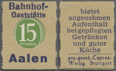 Deutschland - Briefmarkennotgeld. Aalen, Bahnhof-Gaststätte, 15 Pf. Ziffer Kontrollrat grün (ca. 1947), Einheitsausgabe der Fa. Caprez-Werbung Stuttga...