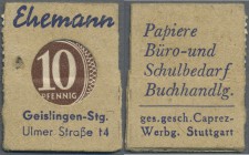 Deutschland - Briefmarkennotgeld. Geislingen, Ehemann Bürobedarf, 10 Pf. Ziffer Kontrollrat (ca. 1947), Einheitsausgabe der Fa. Caprez-Werbung Stuttga...